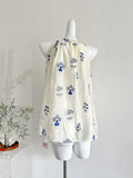 Blue Botanical Motifs Elegant Sleeveless White Outfit sets