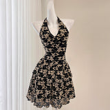 Elegant Black Print Cream Lace Halter Dress