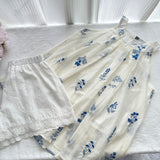Blue Botanical Motifs Elegant Sleeveless White Outfit sets