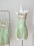 Enchanting Green Floral Embroidered Mini Dress