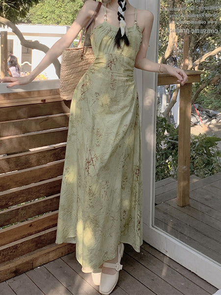 Spaghetti Strap Leaf Print Ruched Maxi A-Line Dress