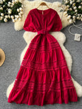 Lace Belt Red A Line Maxi Dress