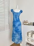 Puff Sleeves Embroidered Celestial Motifs Blue Midi Dress