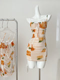 Floral Print Lace Trimmed Straps Ruched Bodycon Mini Dress