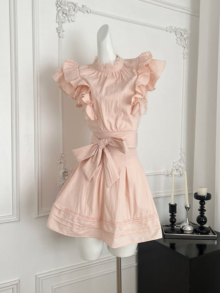 Pink Ruffle Sleeve Dress with Bow Belt