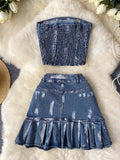 Edgy Denim Bustier and Ruffled Skirt Set