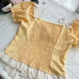 Lace Fringe Off Shoulder Yellow White Maxi Dress