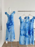 Puff Sleeves Embroidered Celestial Motifs Blue Midi Dress