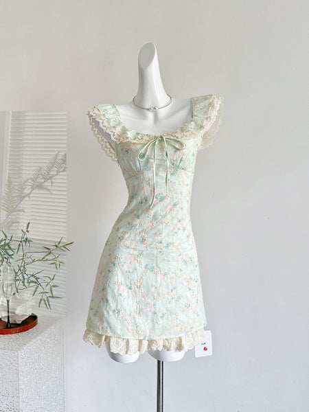 Lace Dainty Light Green Floral Mini Dress