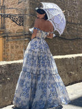 Blue Floral Print Long Maxi Dress