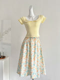 Yellow Short Sleeved Crop Top & Floral Midi Skirt Set