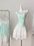 White Lace Trimmed Skirt Mint Green Sheer Dress