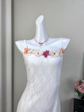 Floral Embellished Straps Ombre Hem White Lace Midi Dress