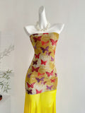 Vibrant Butterfly Print Strapless Midi Dress