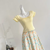 Yellow Short Sleeved Crop Top & Floral Midi Skirt Set