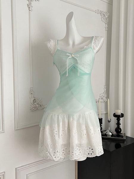 White Lace Trimmed Skirt Mint Green Sheer Dress