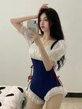 Sweet Puffy Sleeve Conservative Slim One-Piece Swimsuit