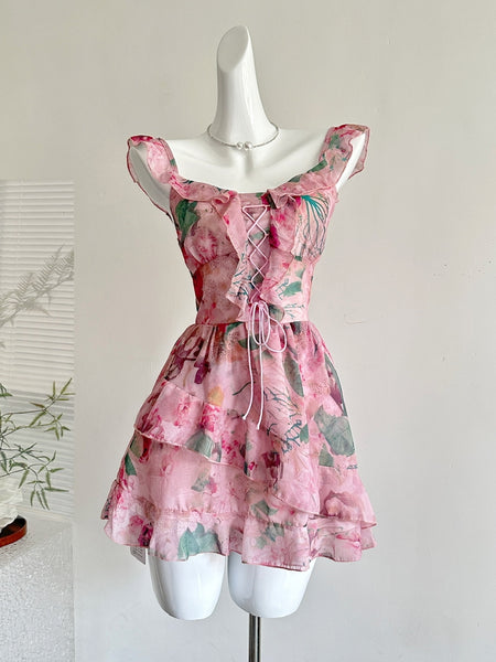 Ruffled Layers Pink Floral Print Summer Dress