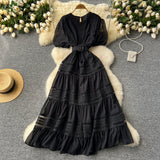 Lace Belt Red A Line Maxi Dress