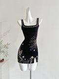 Celestial Embroidery Square Black Mini Dress
