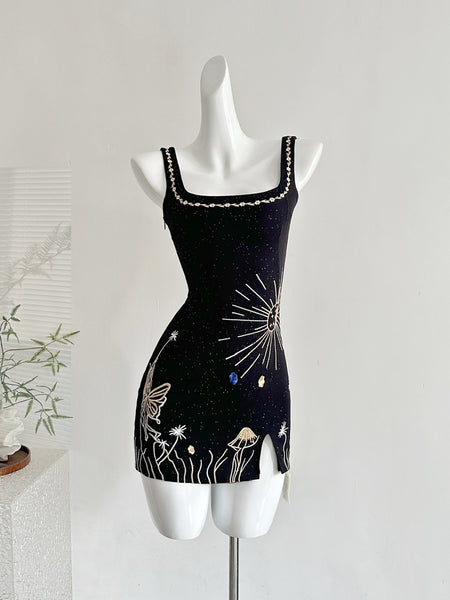 Celestial Embroidery Square Black Mini Dress