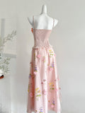 Corset Straps Flower Two Piece Pink Satin Dress
