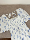Blue Floral Print Ruffled Trim Short Sleeve Mini Dress