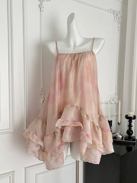 Romantic Ombre Pink Ruffled Spaghetti Strap Dress