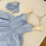 Blue Gingham Dress with Hood & Lace Accents