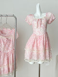 Square Ruffled Hem Sweet Pink Floral Dress