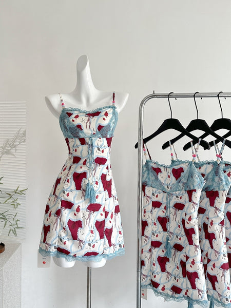 Lace Trim Tassel Printed Spaghetti Strap Dress