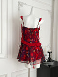 Ruffled Straps Asymmetric Maroon Floral Mini Dress