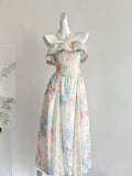 Pastel Floral Print Ruffled Trim Strapless Maxi Dress