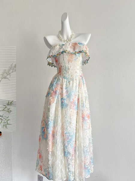 Pastel Floral Print Ruffled Trim Strapless Maxi Dress