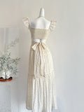 Elegant Polka Dot Square Neck Tiered Midi Dress