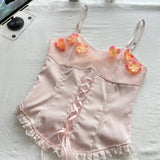 Corset Straps Flower Two Piece Pink Satin Dress