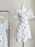 Blue Floral Print Ruffled Trim Short Sleeve Mini Dress