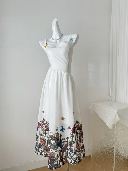 Print Asymmetrical Waist Strappy Midi Dress