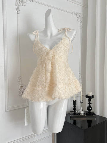 Ruffled Camisole Tie Straps Cream Colored Top