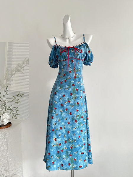 Charming Blue Floral Off Shoulder Midi Dress