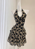 Elegant Black Print Cream Lace Halter Dress
