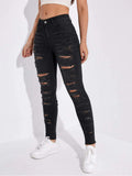 Hight Waisted Stretch Ripped Skinny Jeans