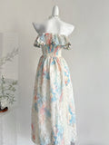 Pastel Floral Print Ruffled Trim Strapless Maxi Dress