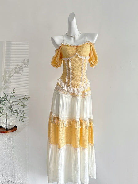 Lace Fringe Off Shoulder Yellow White Maxi Dress