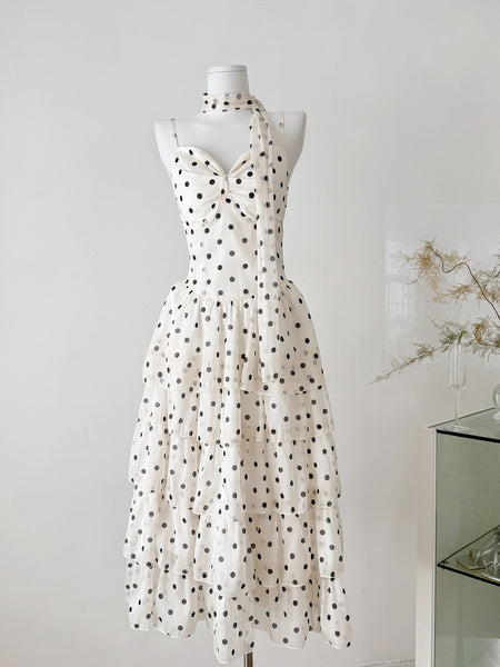 Classic White Polka Dot Halter Tiered Dress