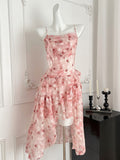 Ruffled Layers Asymmetrical Pink Floral Strappy Dress
