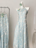 Floral Light Blue Halter Maxi Dress
