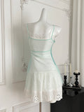 White Lace Trimmed Skirt Mint Green Sheer Dress