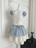 Blue & White Puff Sleeve Mini Dress