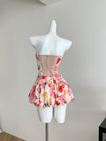 Vibrant Floral Print Strapless Peplum Top Skirt Set